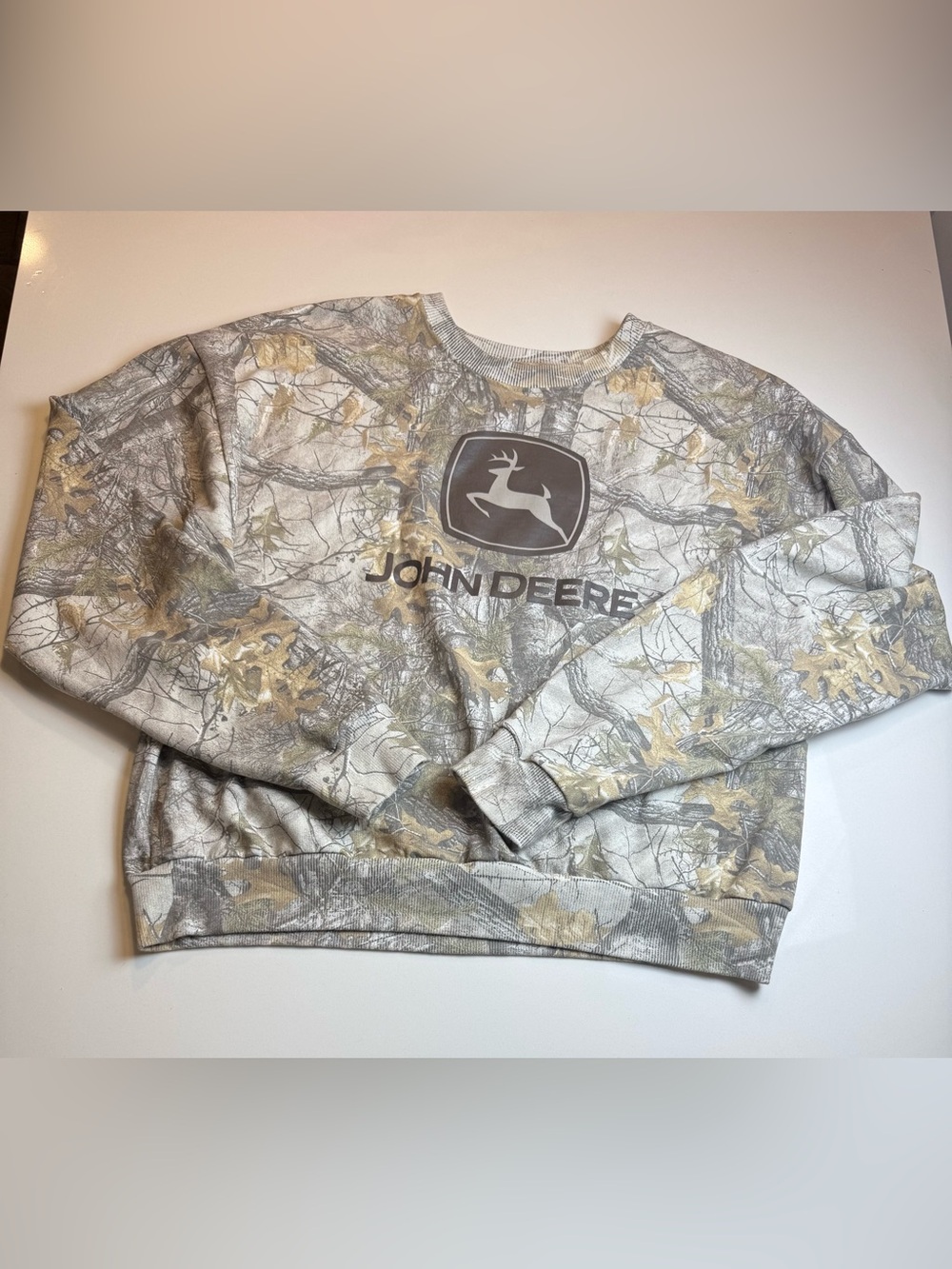 John Deere Unisex Camo Crewneck Sweater - Gray/Beige Size XL